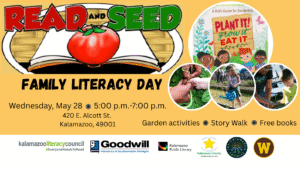 a poster with images of children and text for family literacy day on May 28th