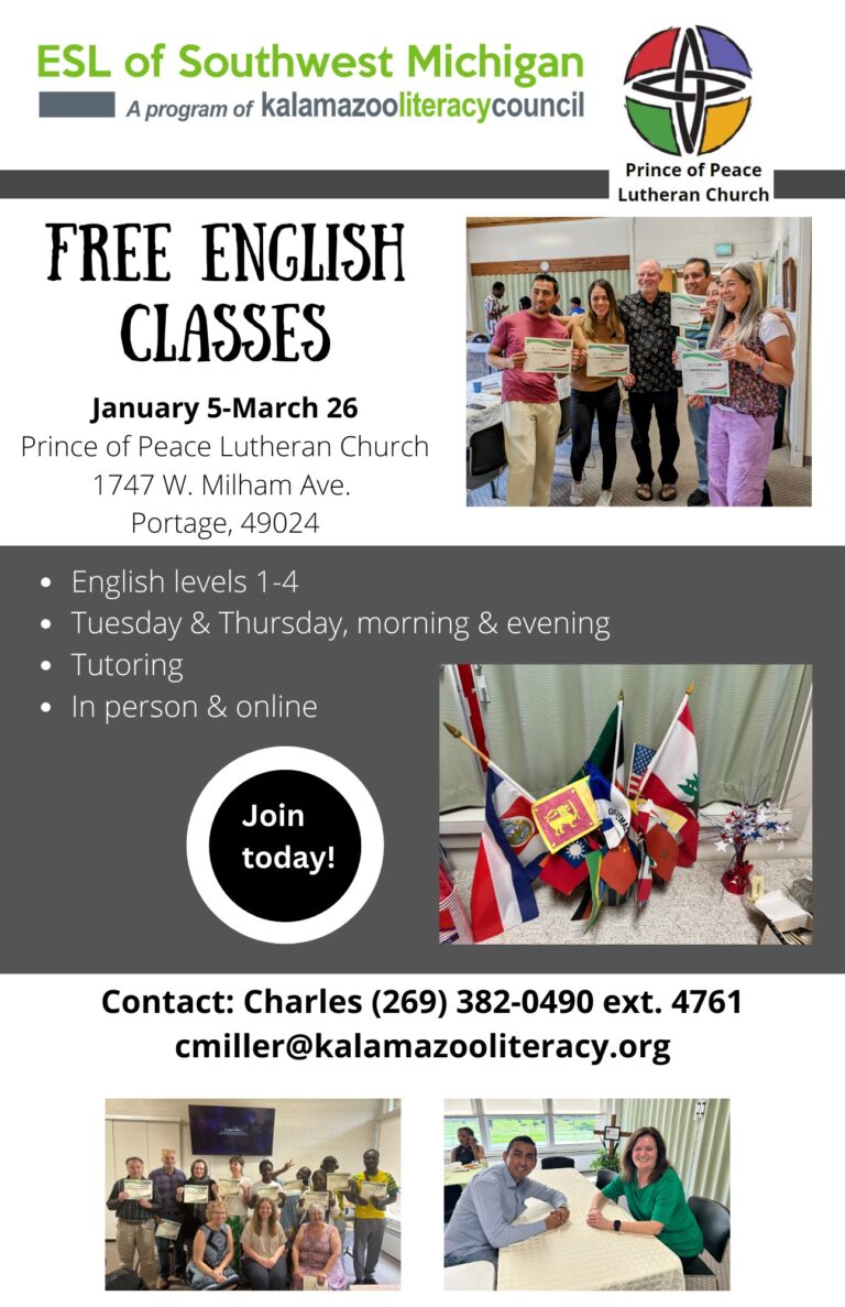 Free English classes. Call Charles at (269) 382-0490 ext. 4761